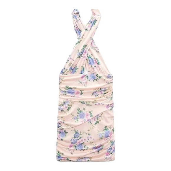 ZARA Light Pink Floral Halter Neck Open Back Ruched Bodycon Mini Dress Medium - Picture 11 of 14